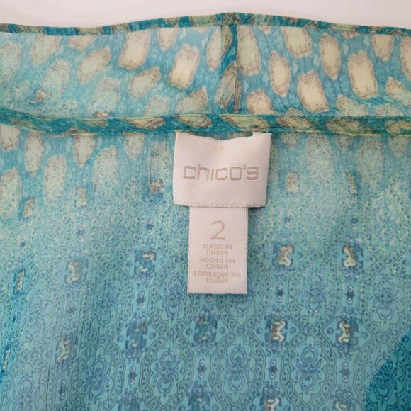 Chico's Sheer Open Front Kimono Cardigan Size 2, Women's Large Blue & Green Geom - Picture 3 of 3